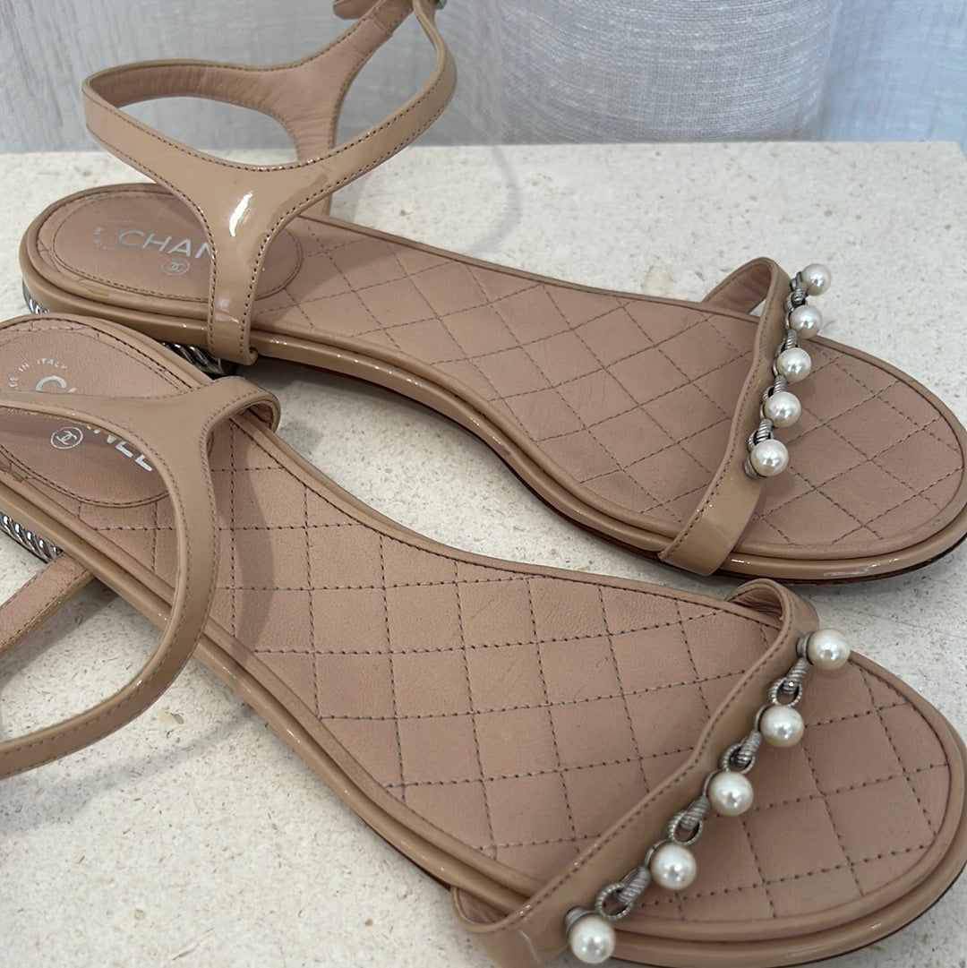 Chanel Nude Pearl Detail Sandals, 37.5