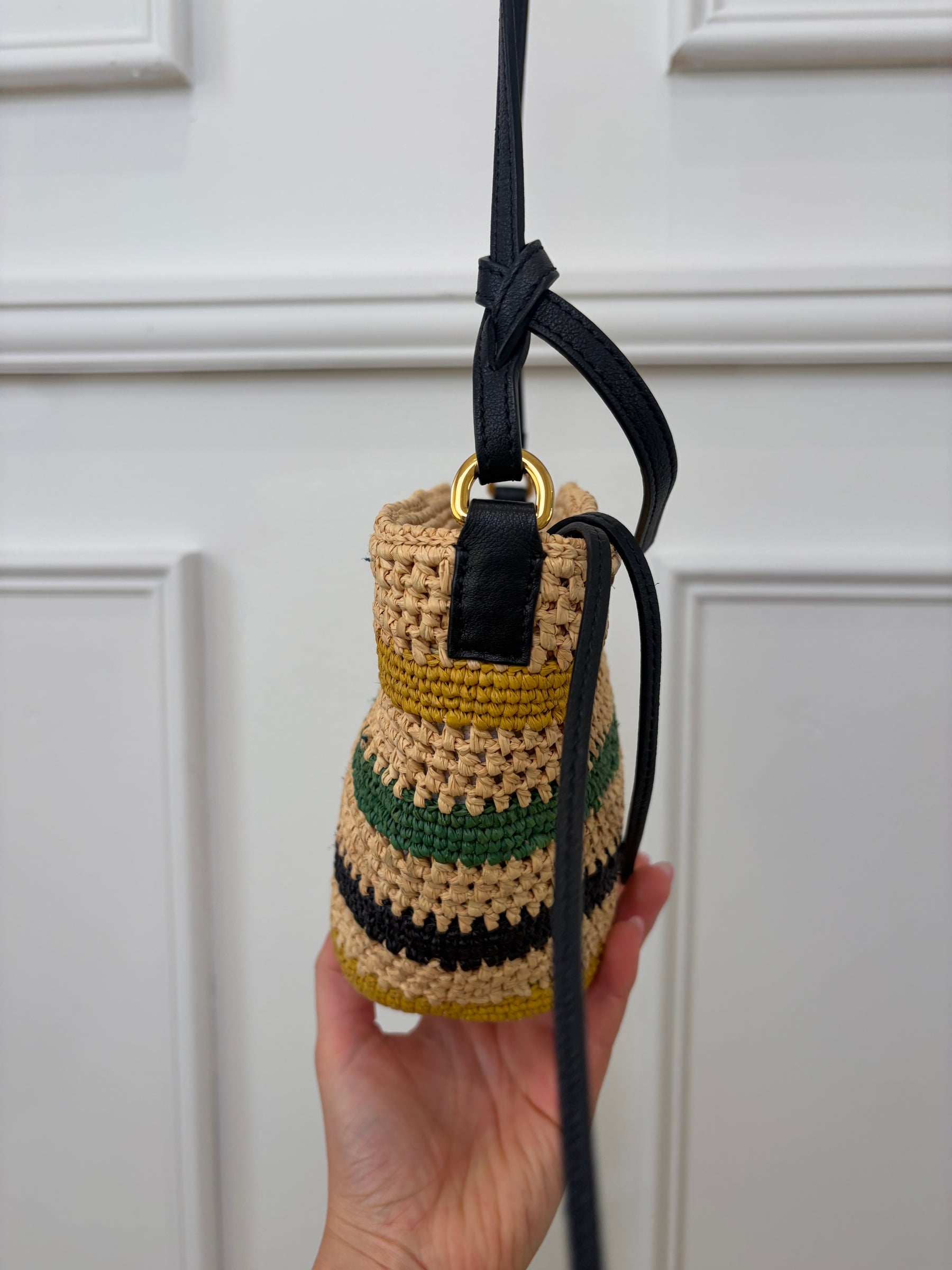 Loewe Natural Green Yellow and Black Leather Raffia Crossbody Pouch