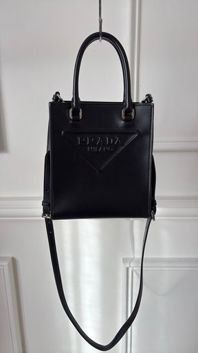 Prada Black Leather Triangle Logo Mini Tote