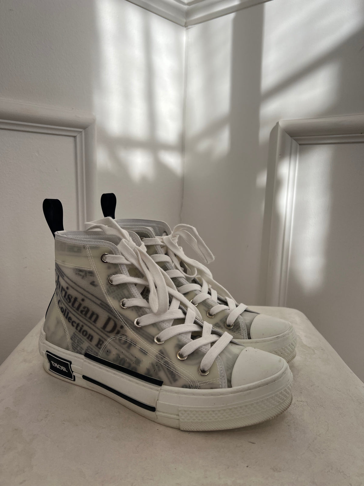 Dior Newspaper Print High Top Sneakers, 37