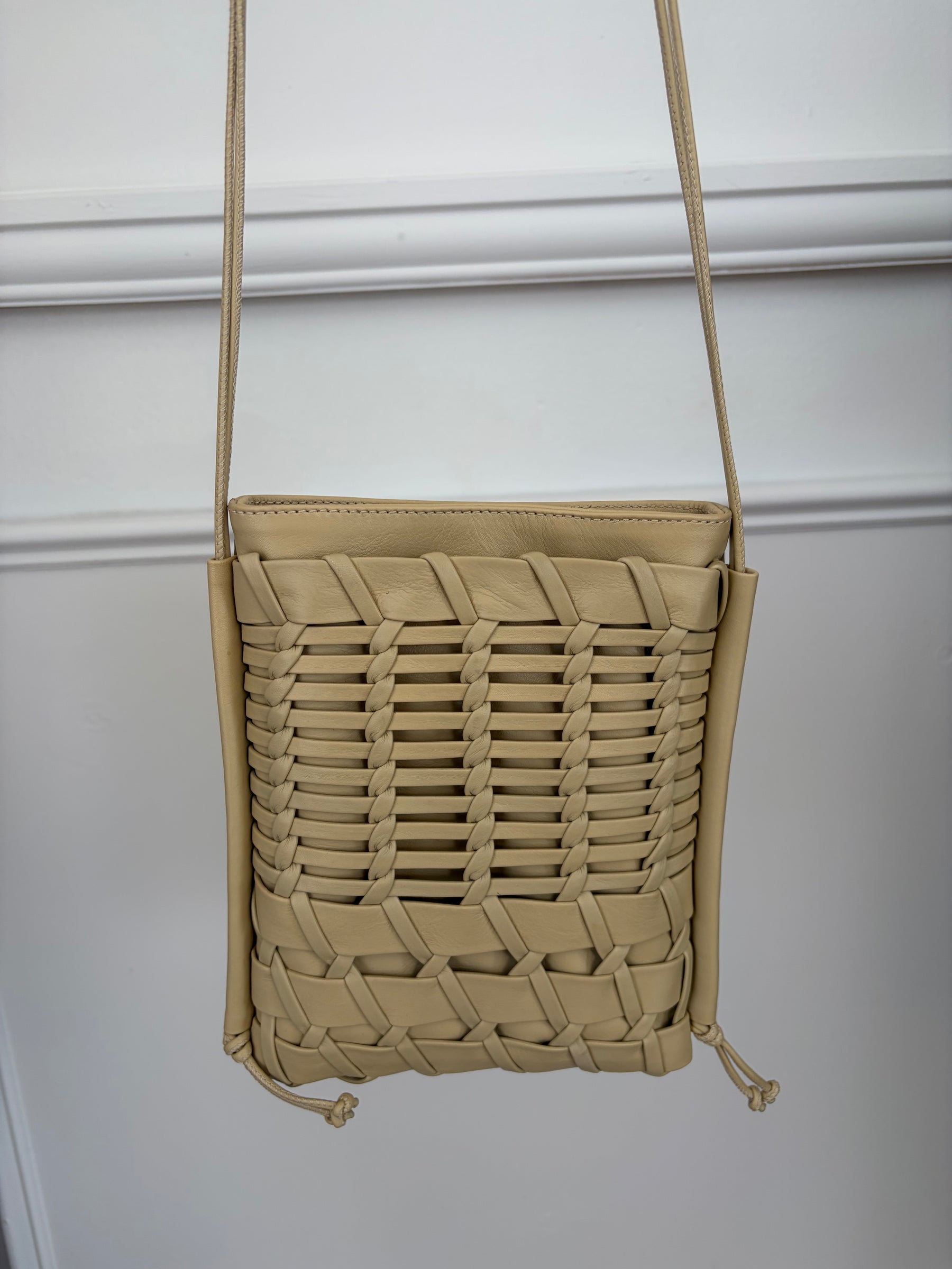 Hereu Beige Woven Leather Crossbody Pouch Bag