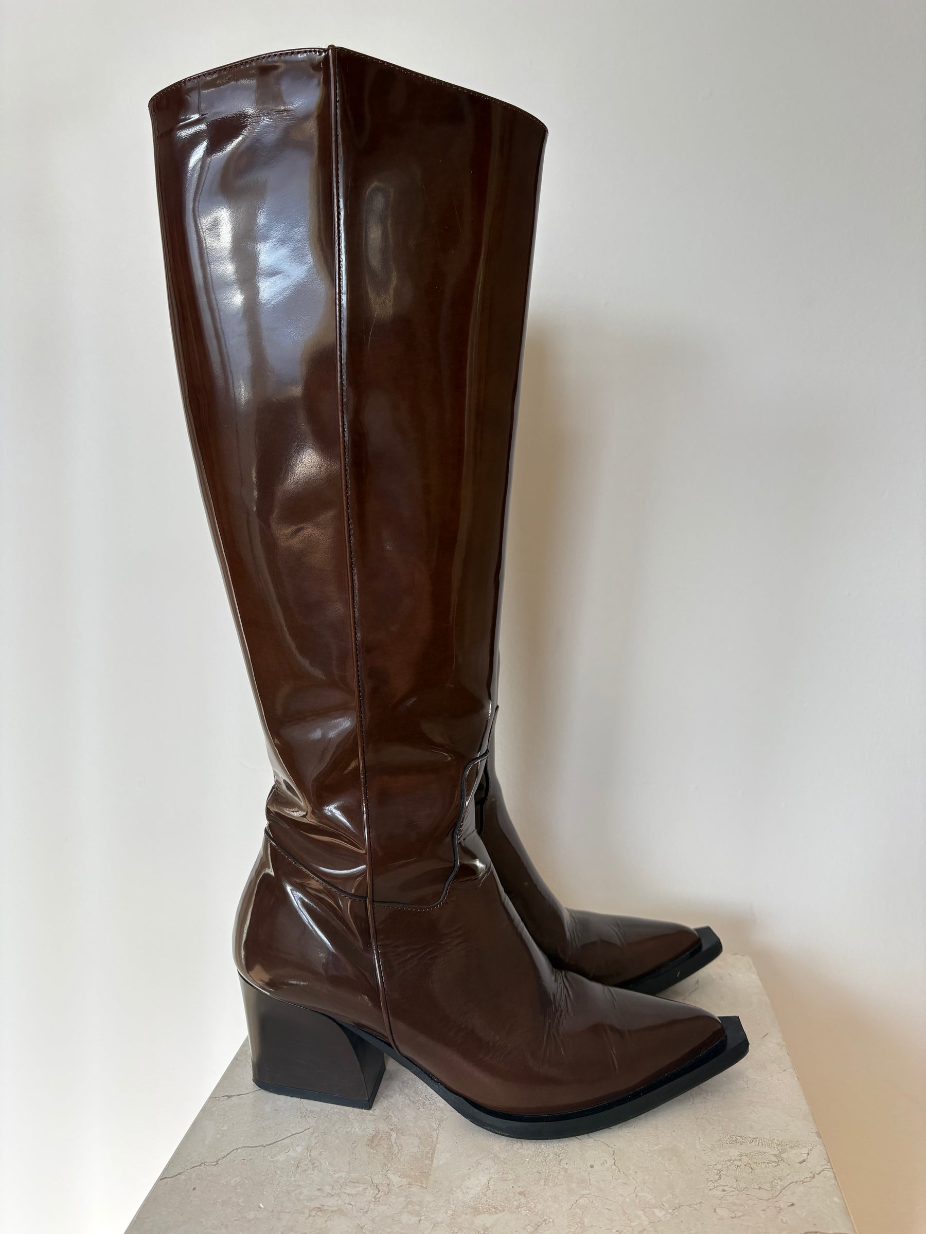 Tibi Brown Patent Leather Point Thigh High Boots, 37.5