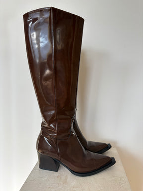Tibi Brown Patent Leather Point Thigh High Boots, 37.5