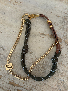 Miu Miu Khaki and Tan Leather, cord and metal trick keyring