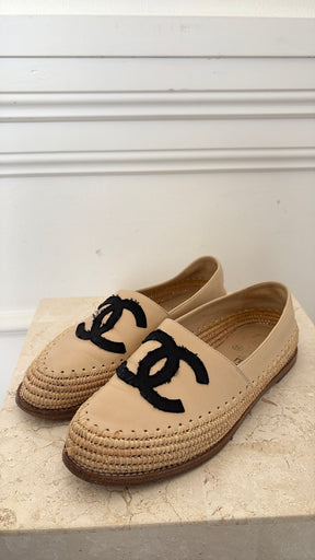 Chanel Beige Leather and Raffia Loafer, 37