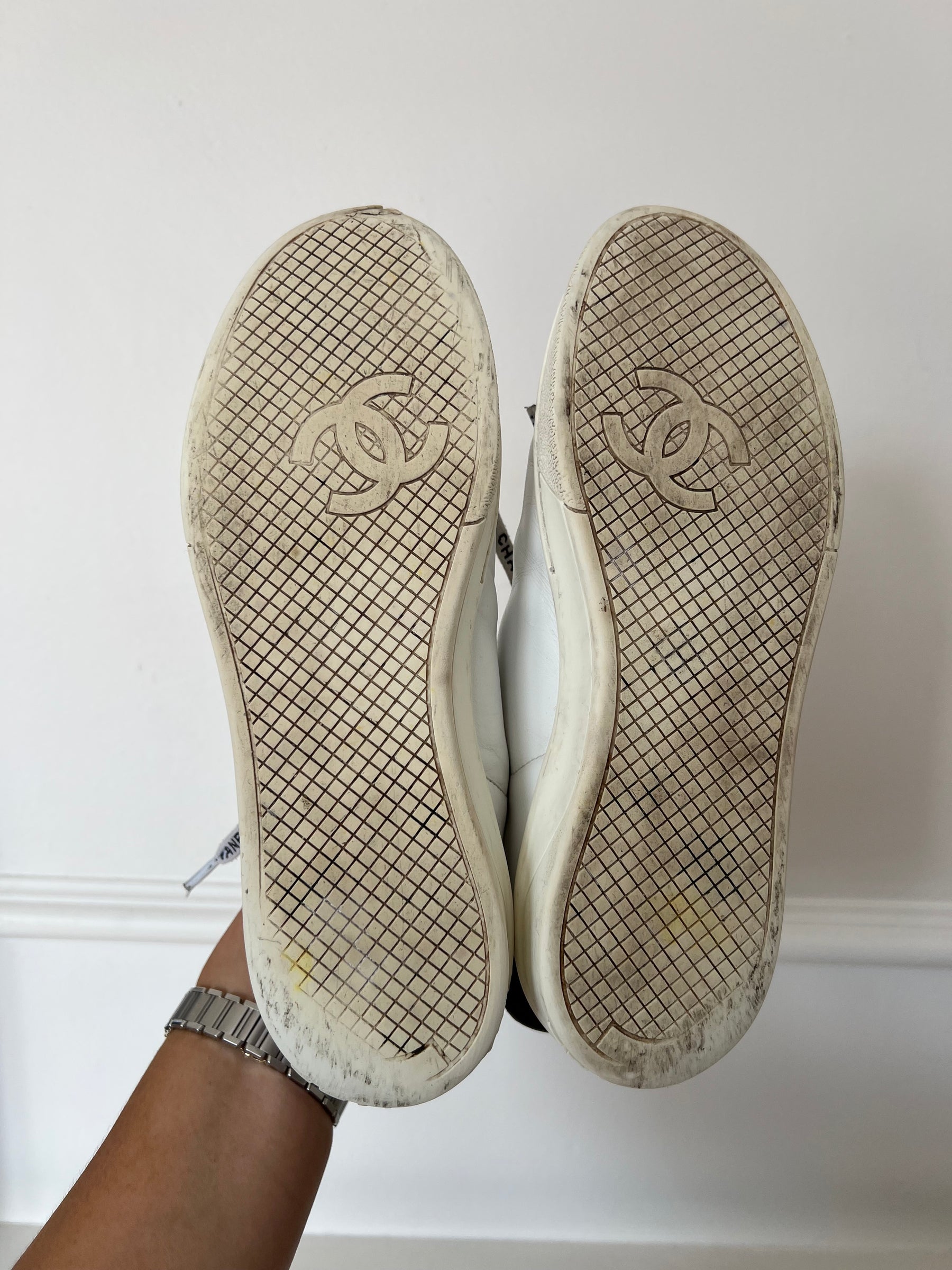 Chanel White and Black Leather Sneakers, 36