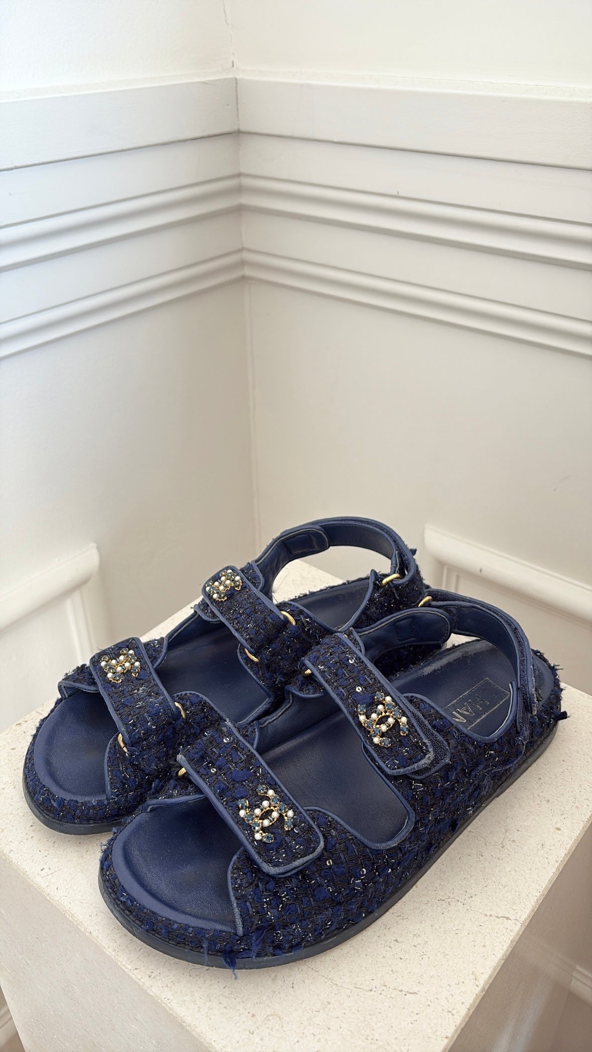 chanel Dark Blue Black Tweed Dad Sandals With Peal Details, 39.5