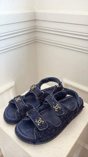 chanel Dark Blue Black Tweed Dad Sandals With Peal Details, 39.5