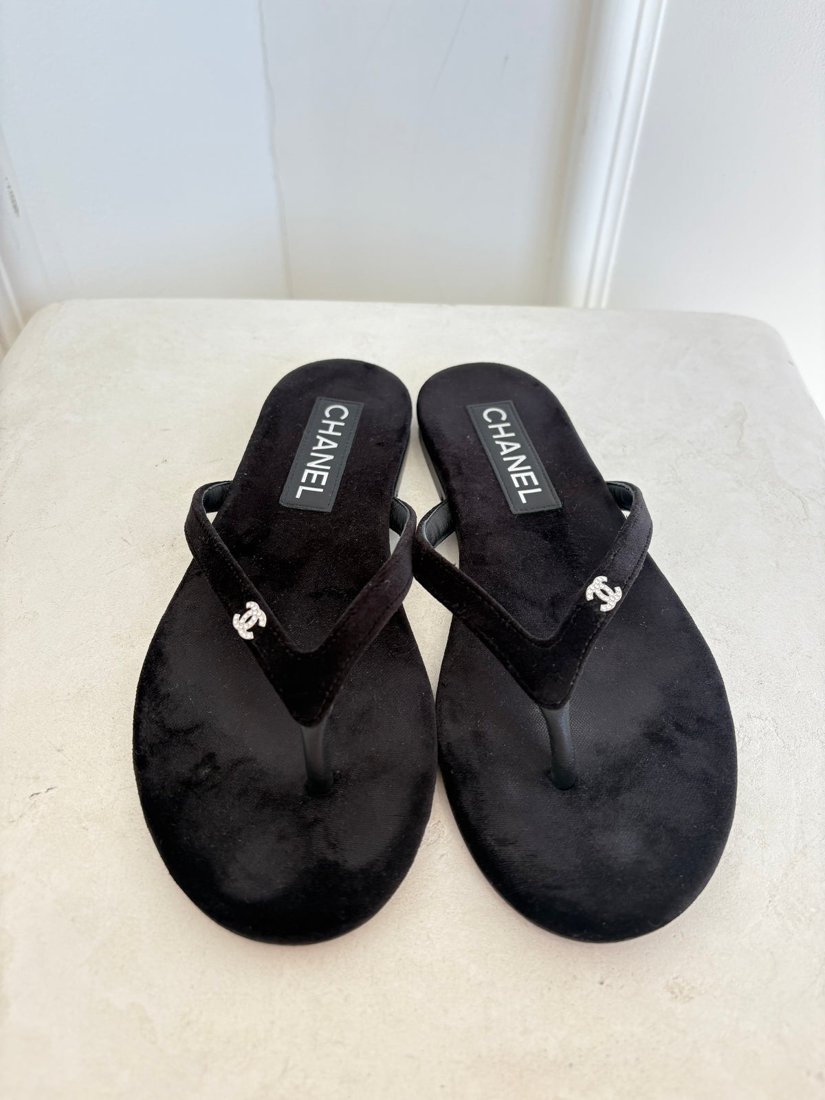 Chanel Black Velvet Crystal Logo Thong, 37 C