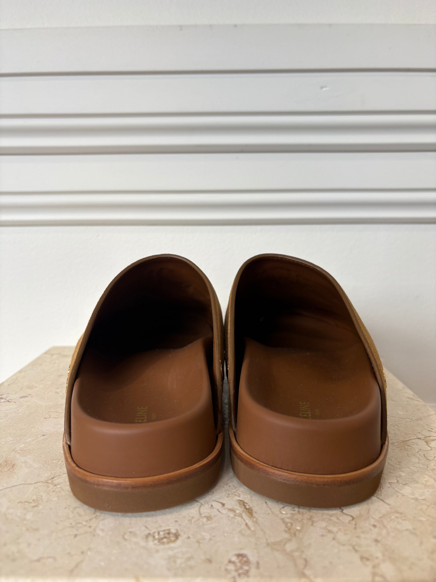 Celine Triomphe Suede Mules, 38