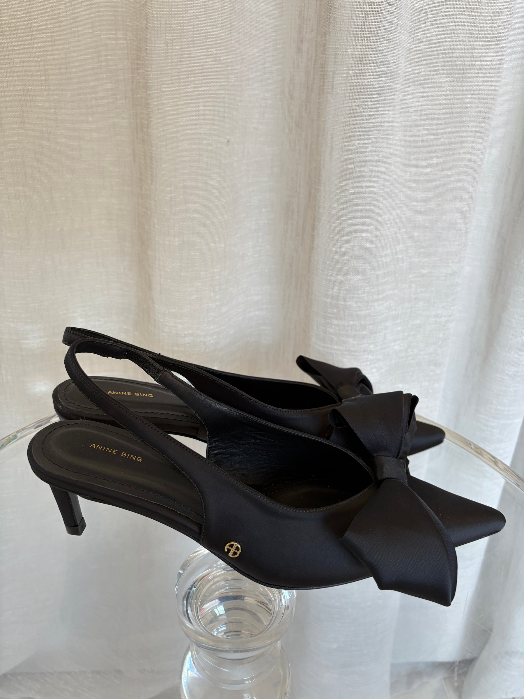 Anine Bing Black Satin Bow Front Pointed Slingback, 40