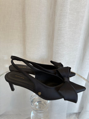 Anine Bing Black Satin Bow Front Pointed Slingback, 40