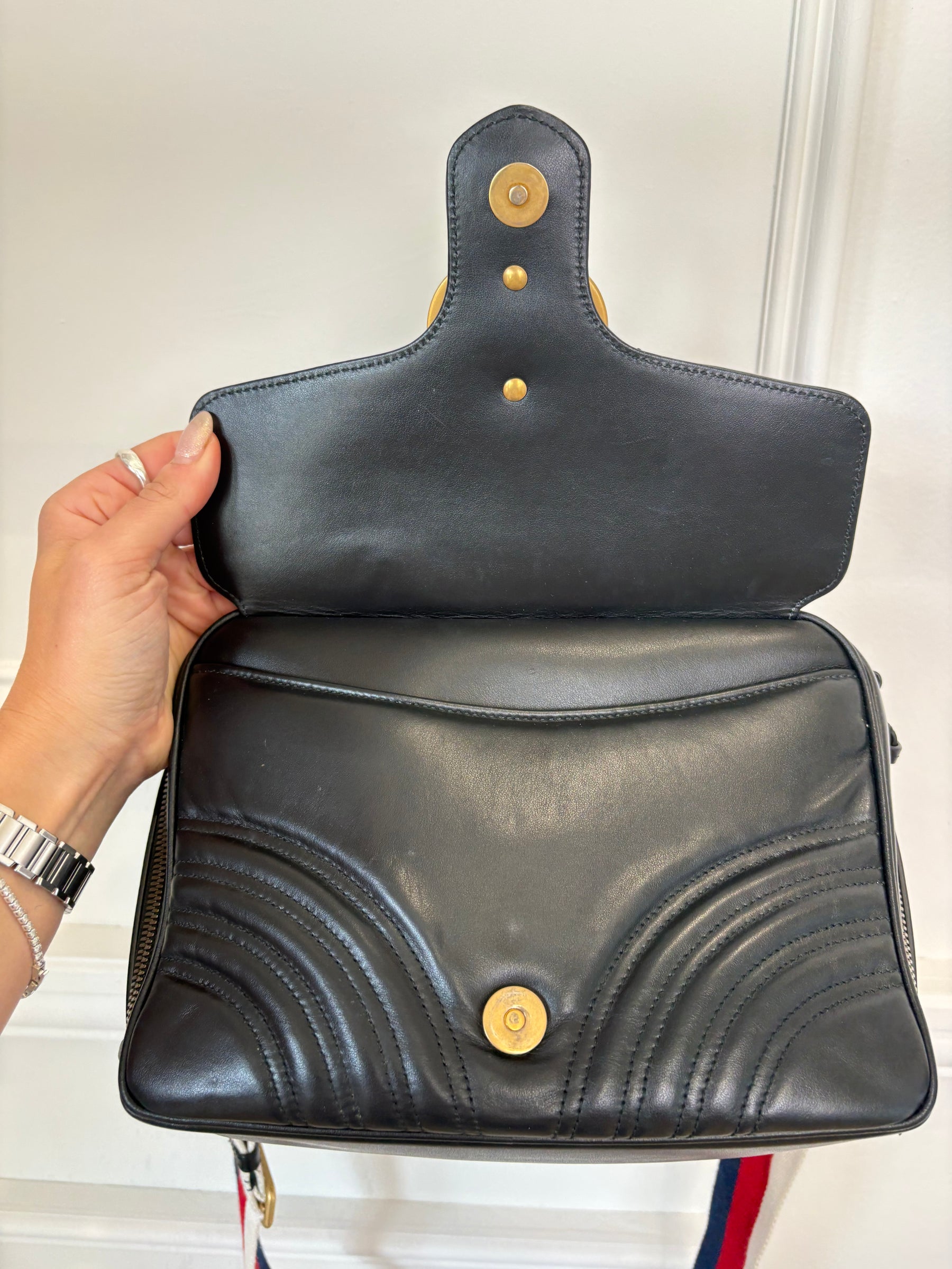 Gucci Black Chevron Leather Marmont Top Handle Satchel Bag