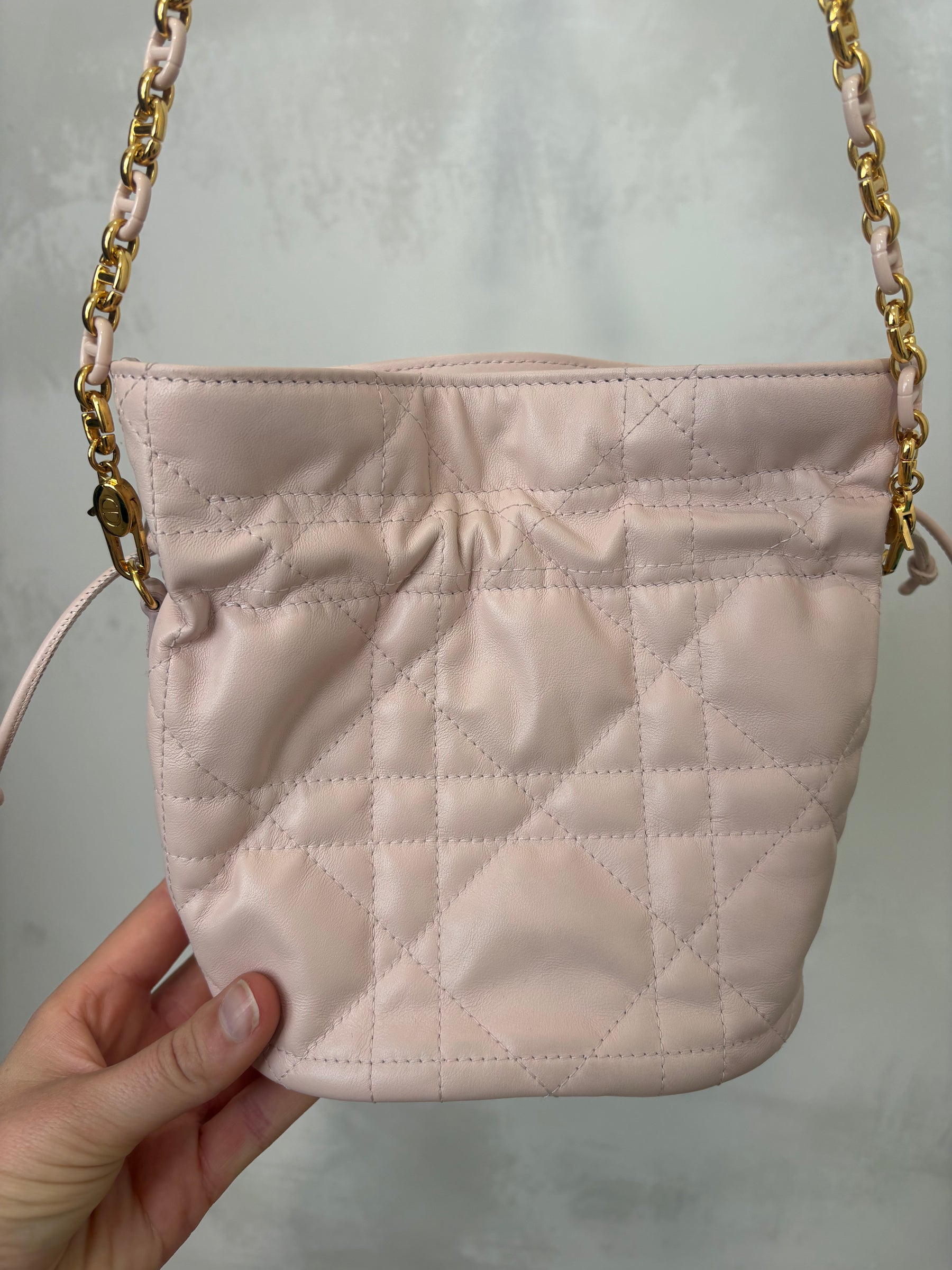 Dior Baby Pink Cannage Leather Drawstring Bucket Bag