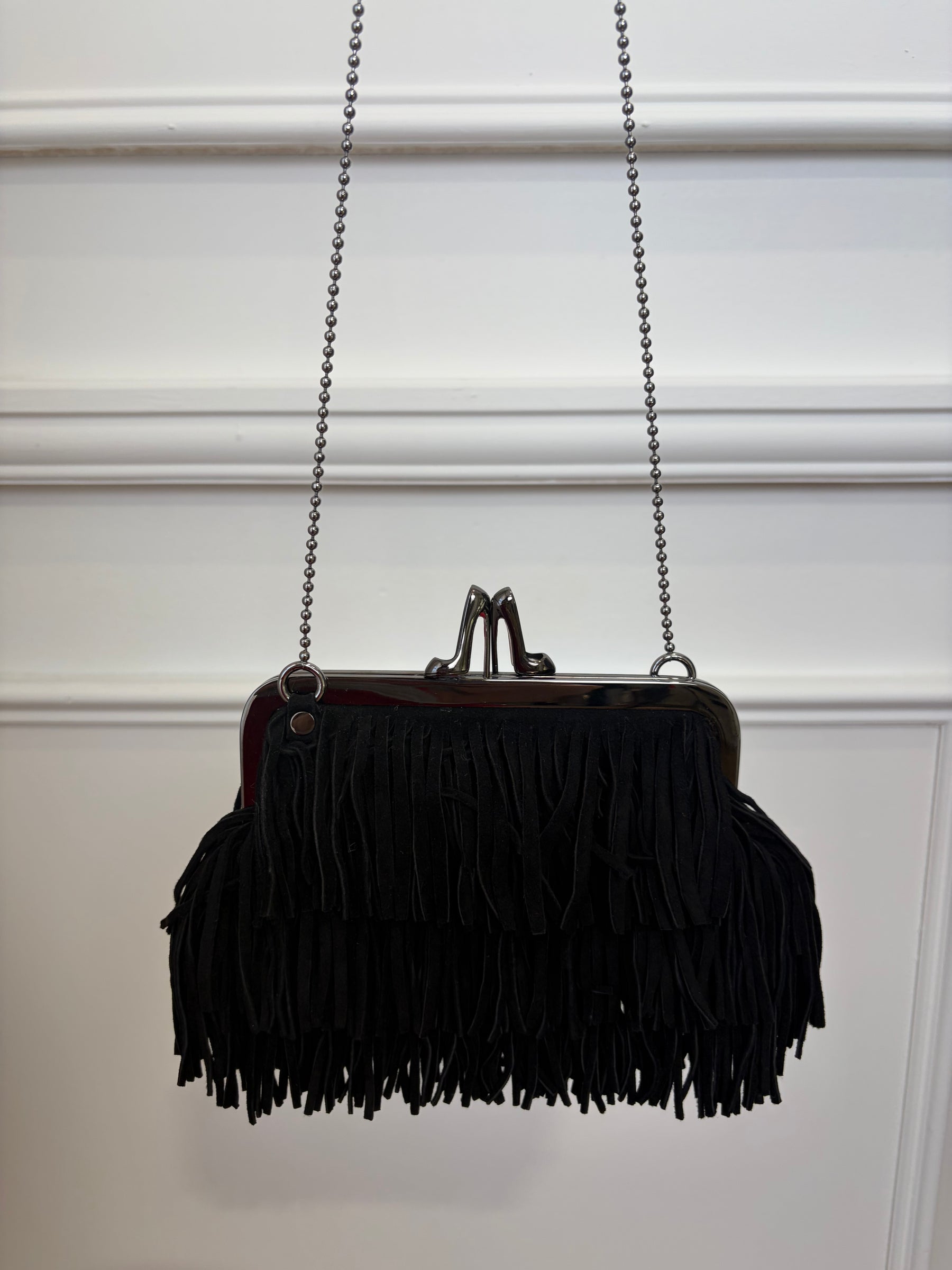 Christian Louboutin Black Suede Fringed Mini Crossbody Kisslock Pouch