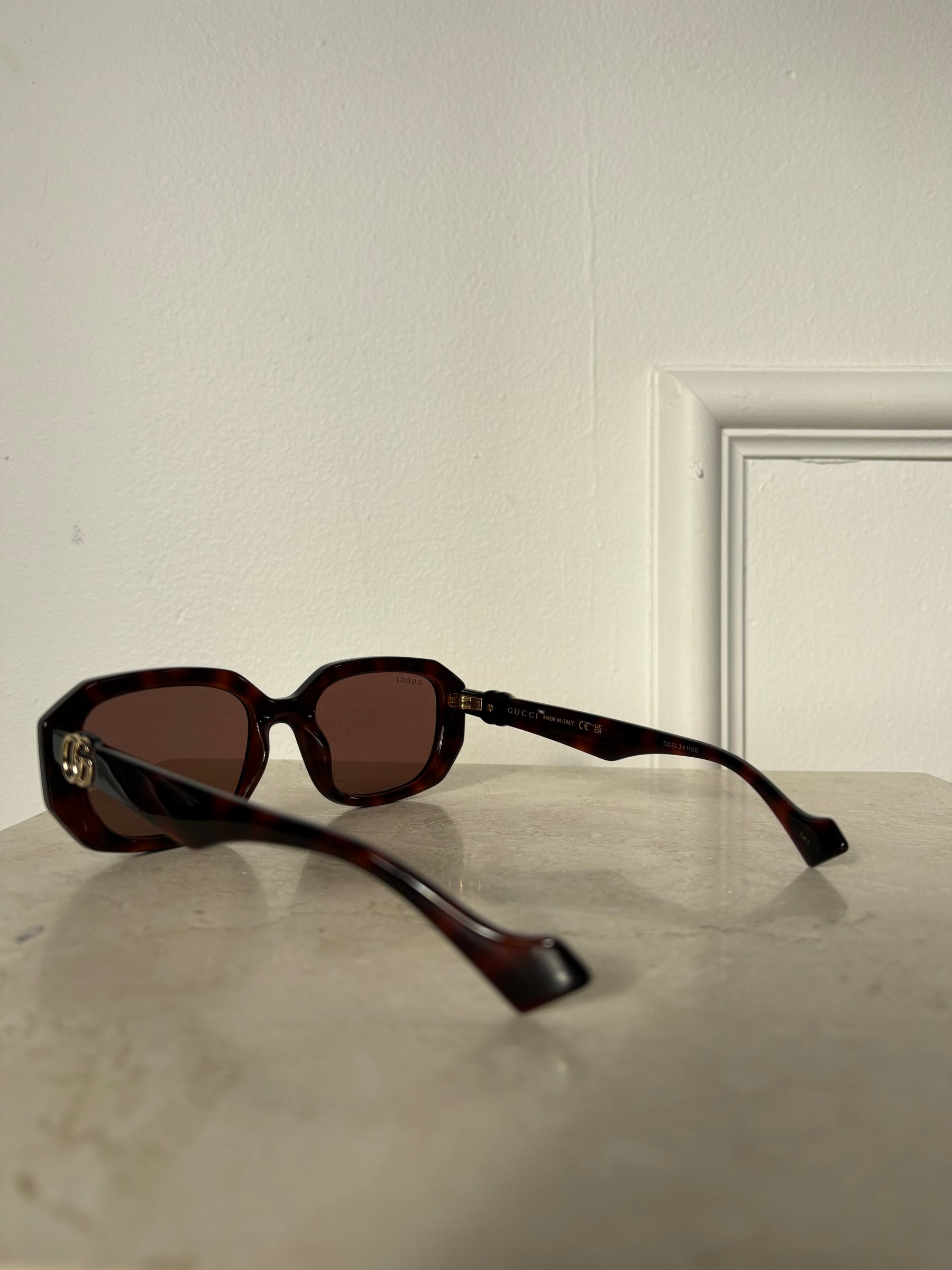 Gucci Tortoishell Slim Rectangular Sunglasses