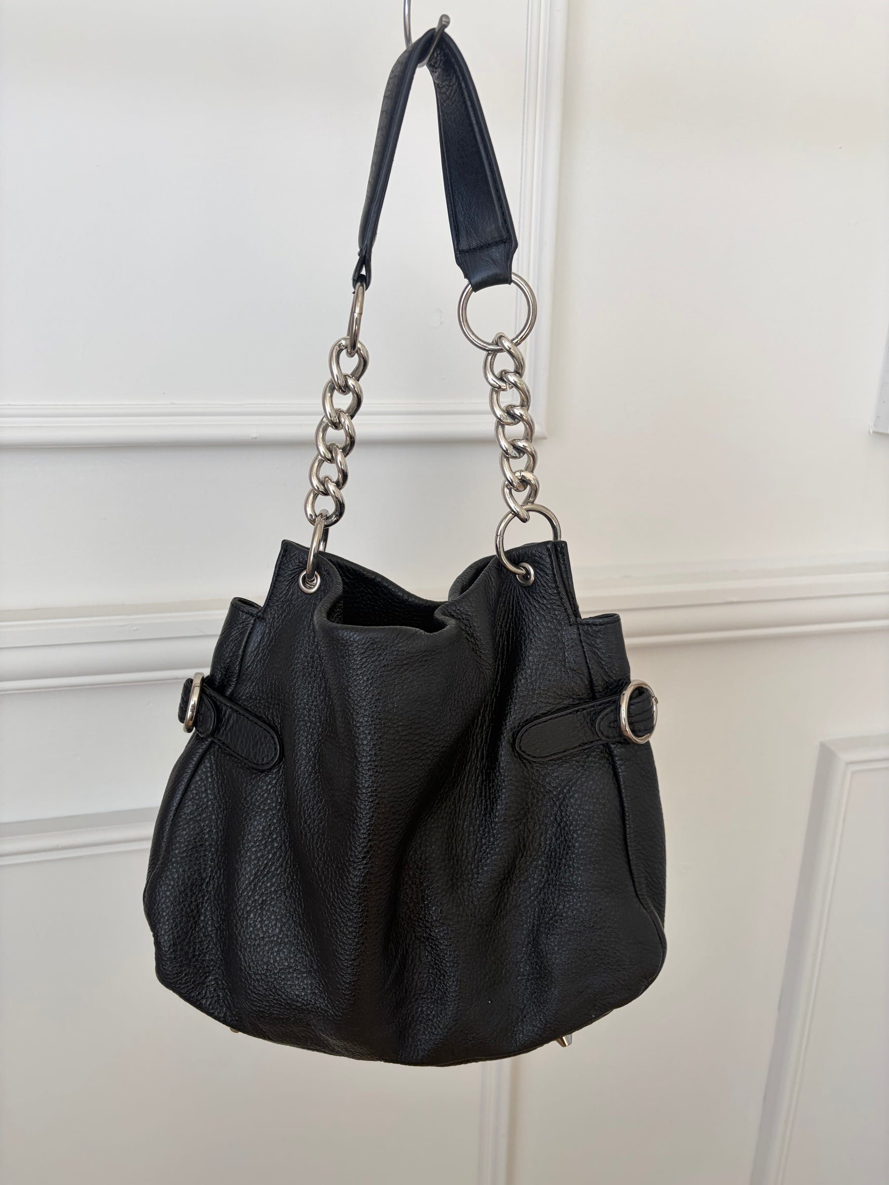Oroton Black Leather Silver Hardware Hobo Bag