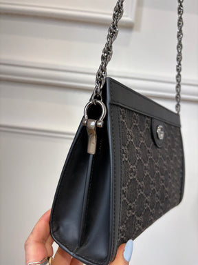 Gucci Jacquard Black Denim GG Monogram Chain Shoulder Bag