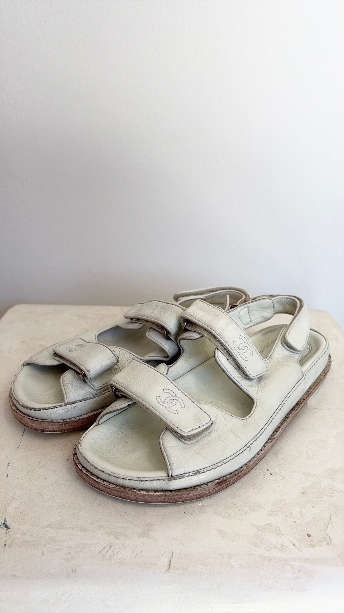 Chanel White Patent Leather Dad Sandals, 39 C
