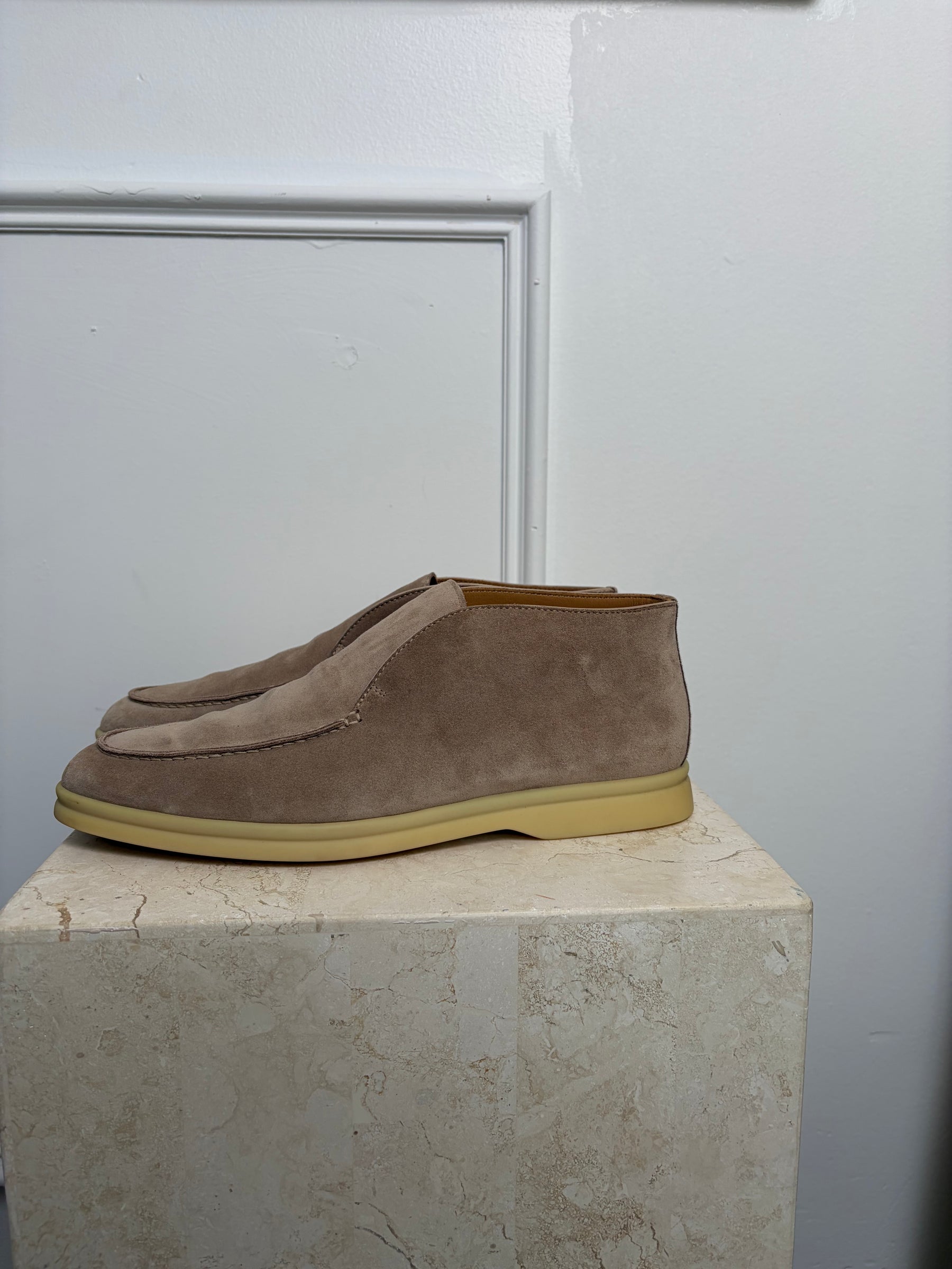 Loro Piana Stone Suede Open Walk Ankle Boot, 41