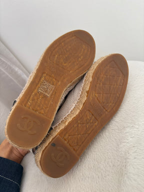 Chanel Ecru Lace Up Espedrilles With Pantent Toes, 37