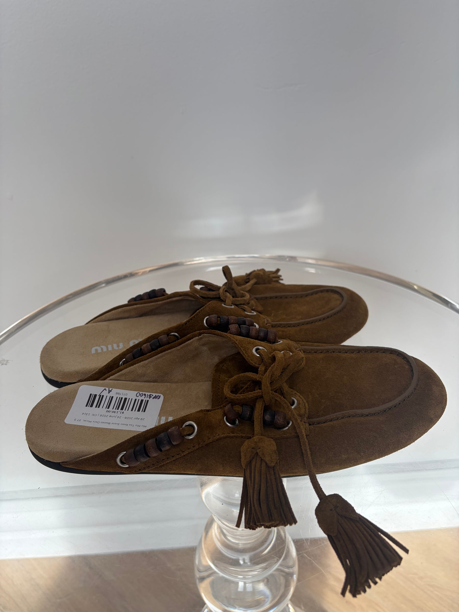 Miu Miu Tan Khaki Suede Beaded Deck Mules, 37.5