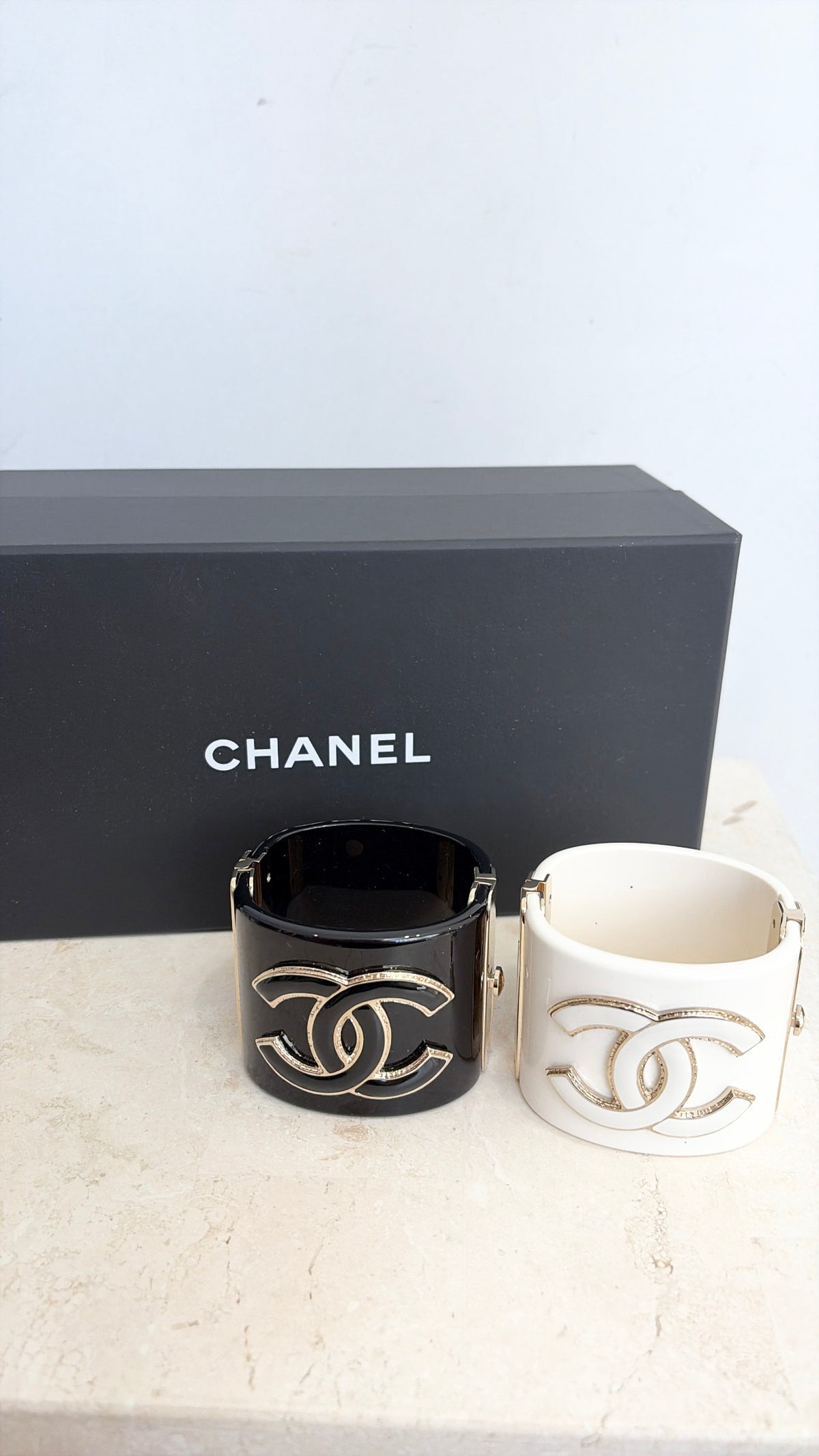 Chanel Black and White Acrylic Logo Cuff SET