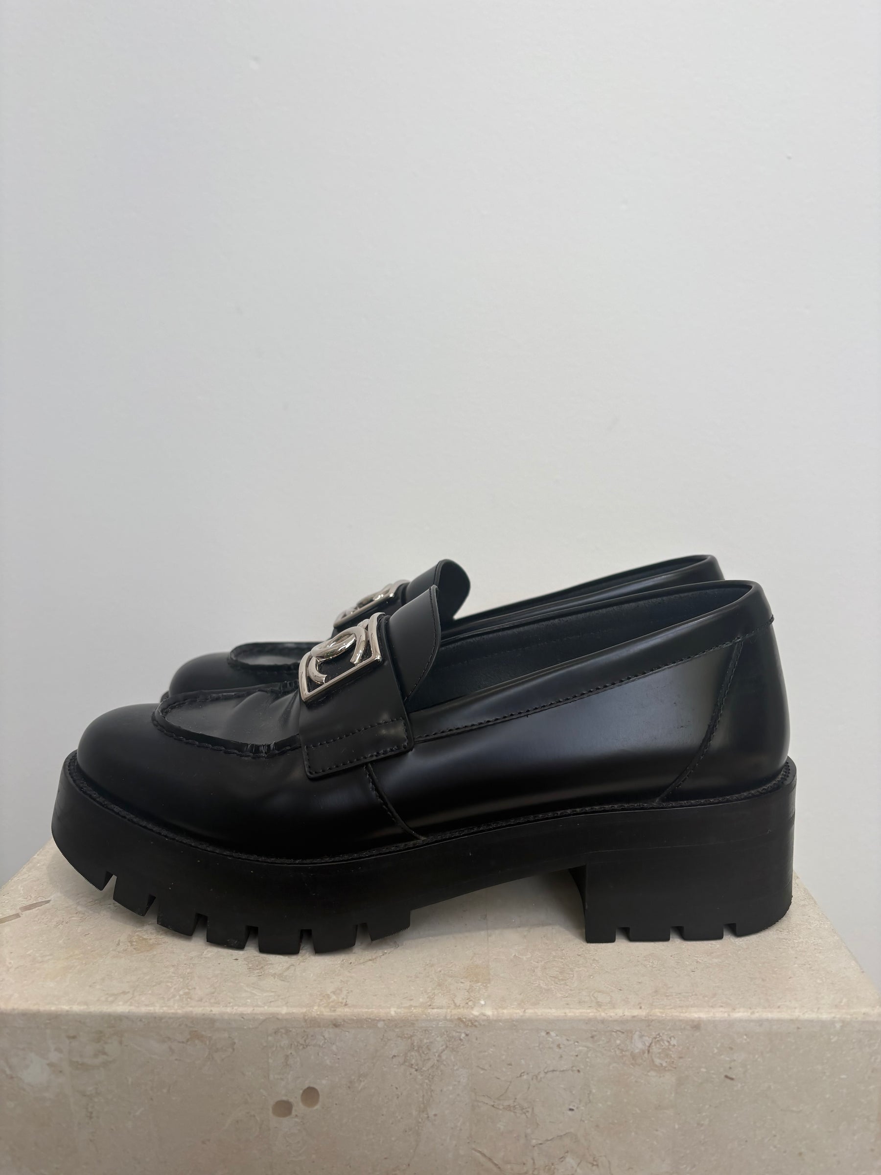Chanel Black Leathert Platform Logo Loafer, 38.5C