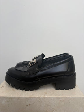 Chanel Black Leathert Platform Logo Loafer, 38.5C