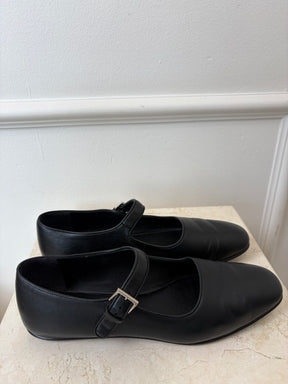 The Row Black Leather Mary Jane Flats, 37.5