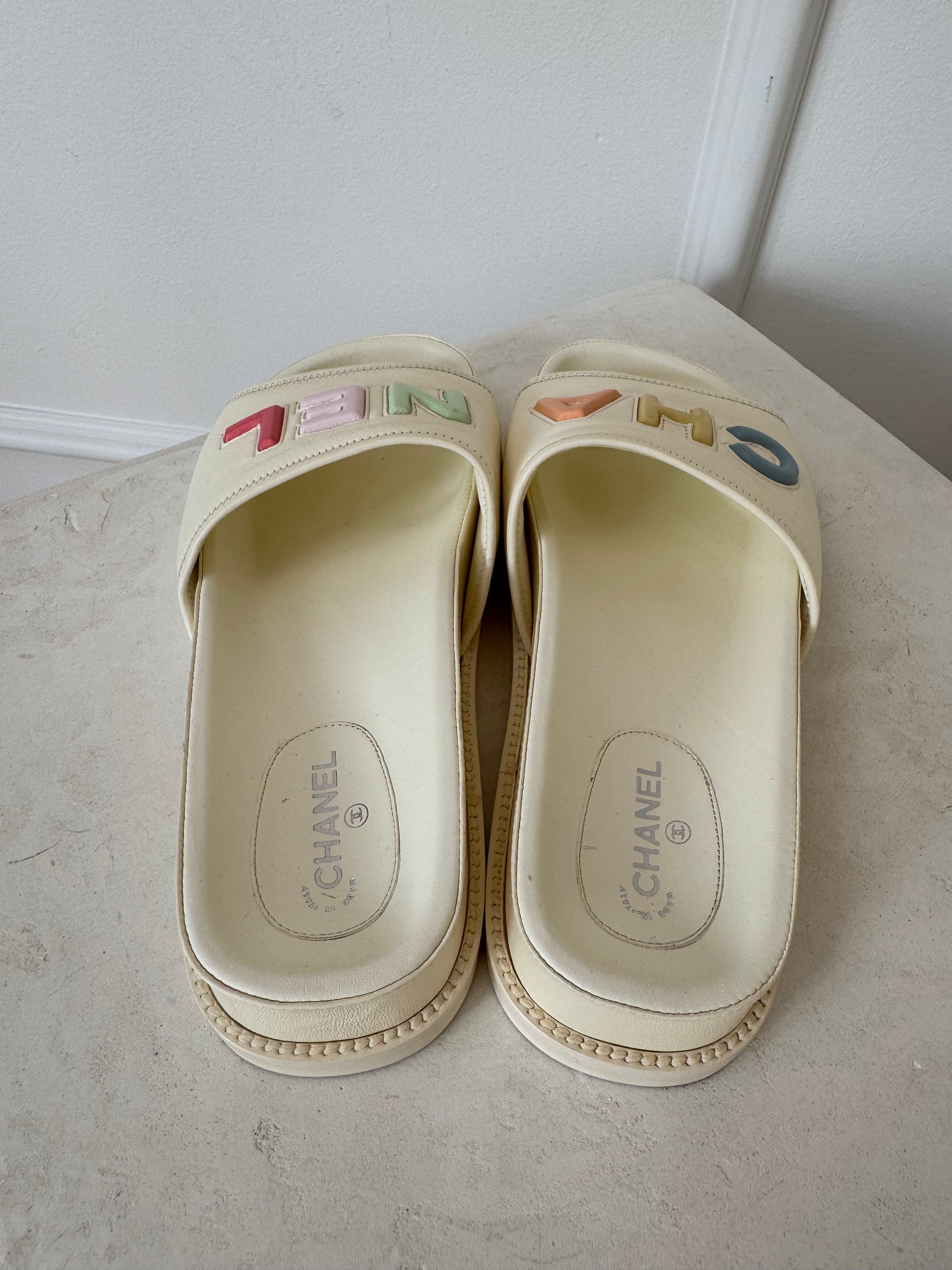 Chanel Cream Leather Slides With Pastel Logo, 38 C