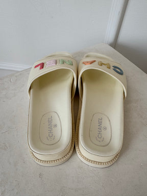 Chanel Cream Leather Slides With Pastel Logo, 38 C