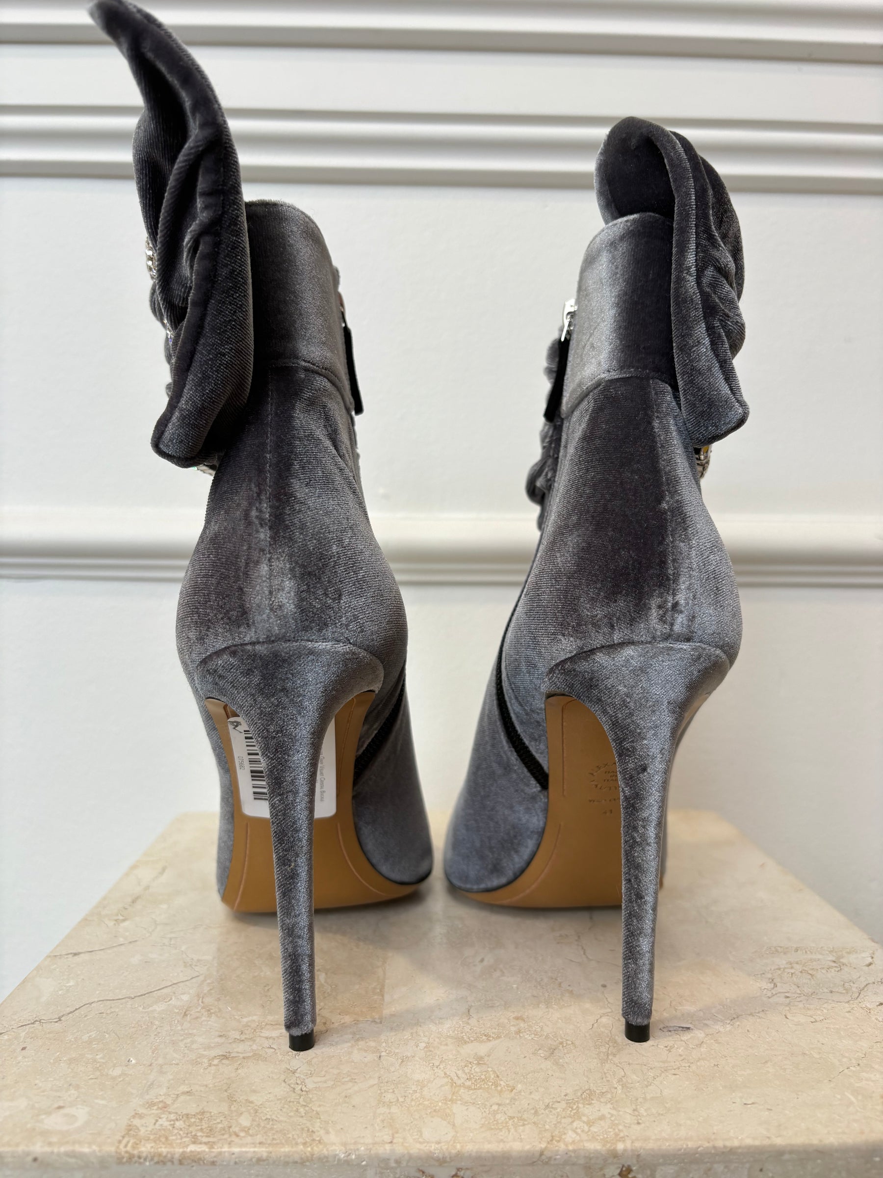 Alexandre Vauthier Grey Velvet Crystal Buckle Heeled Ankle Boots, 41