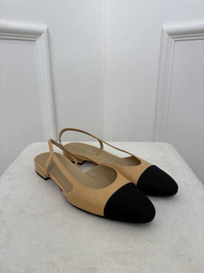 Chanel Beige and Black Slingback Flats, 38.5 C