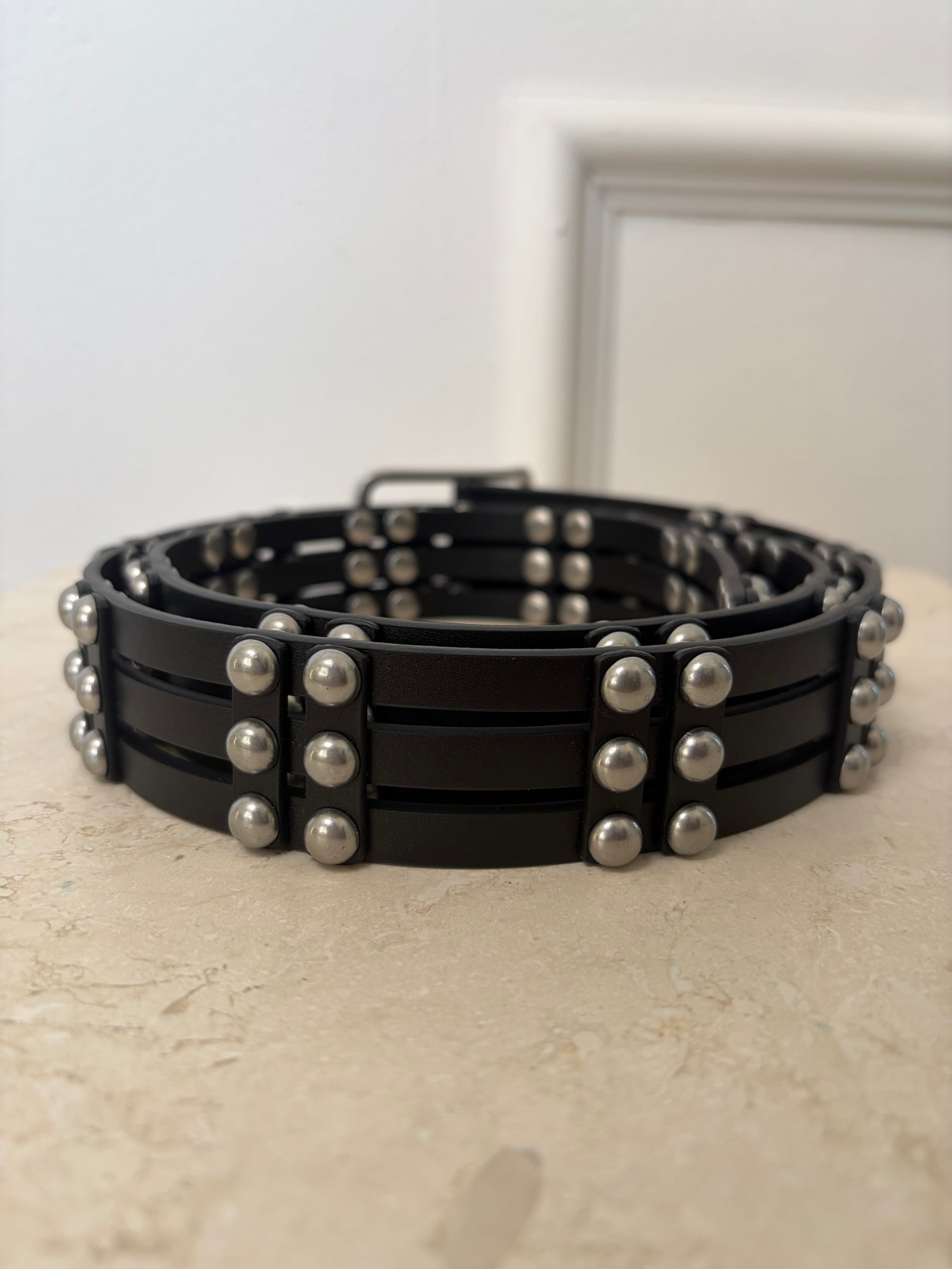 Camilla and Marc Black Leather Stud Perno Belt, xs/s