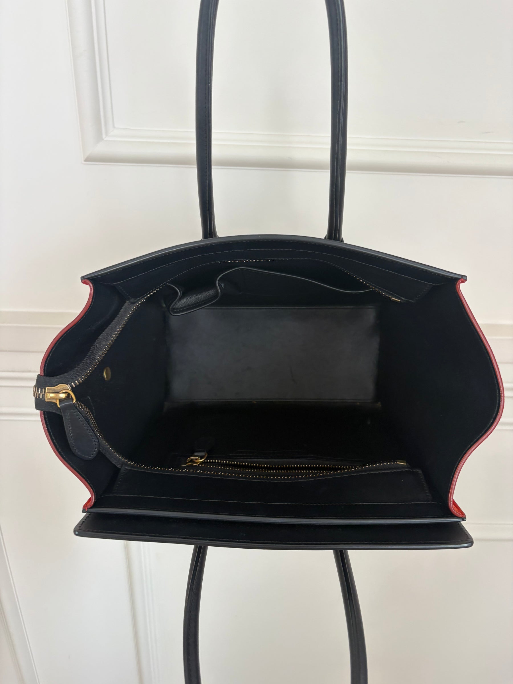 Celine Beige, Black and Red Leather and Suede Luggage Bag