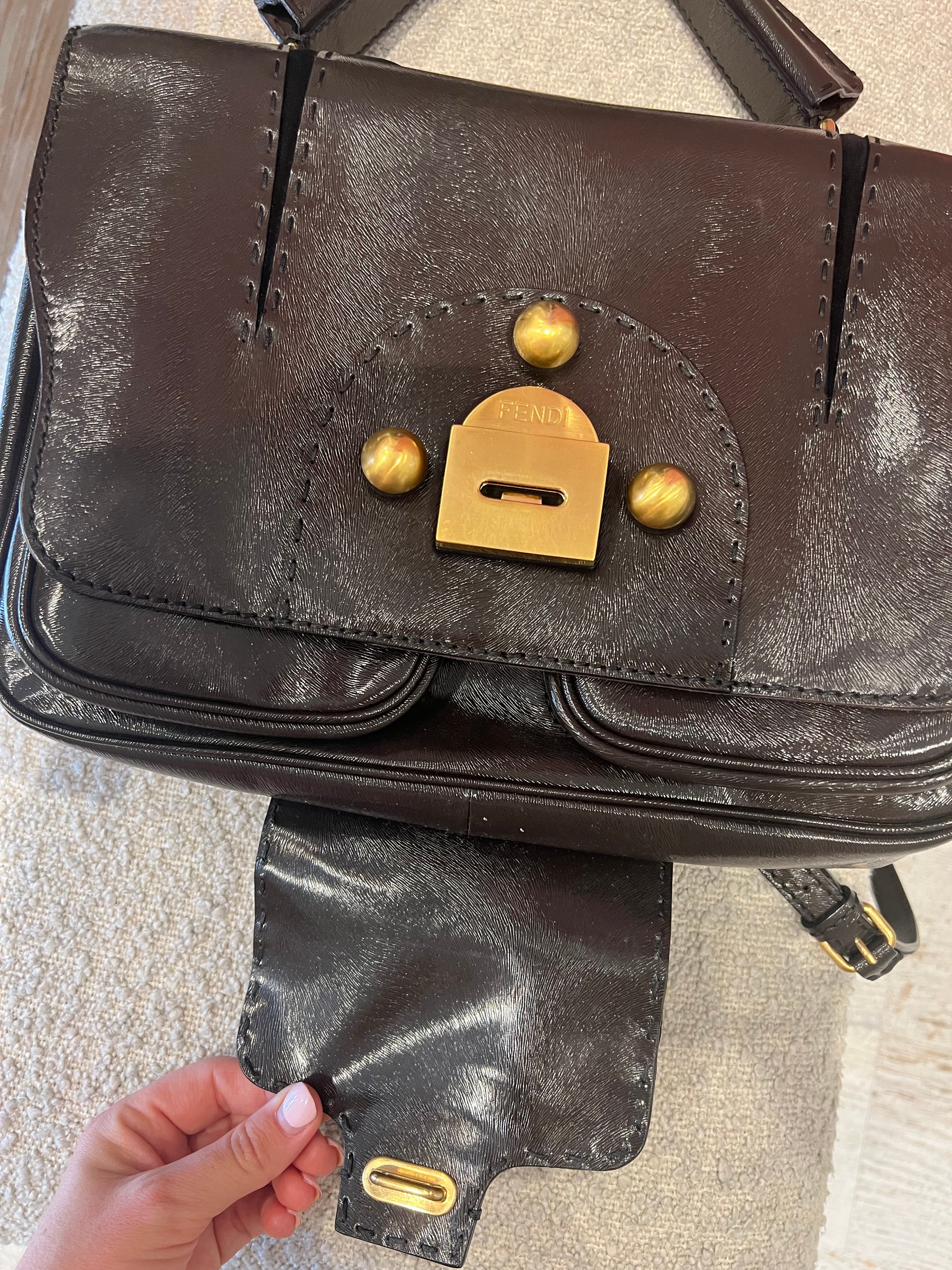 Fendi Brown Coated Leather Top Handle Shoulder Bag