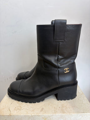 Chanel Black Leather Ankle Boots, 38 C