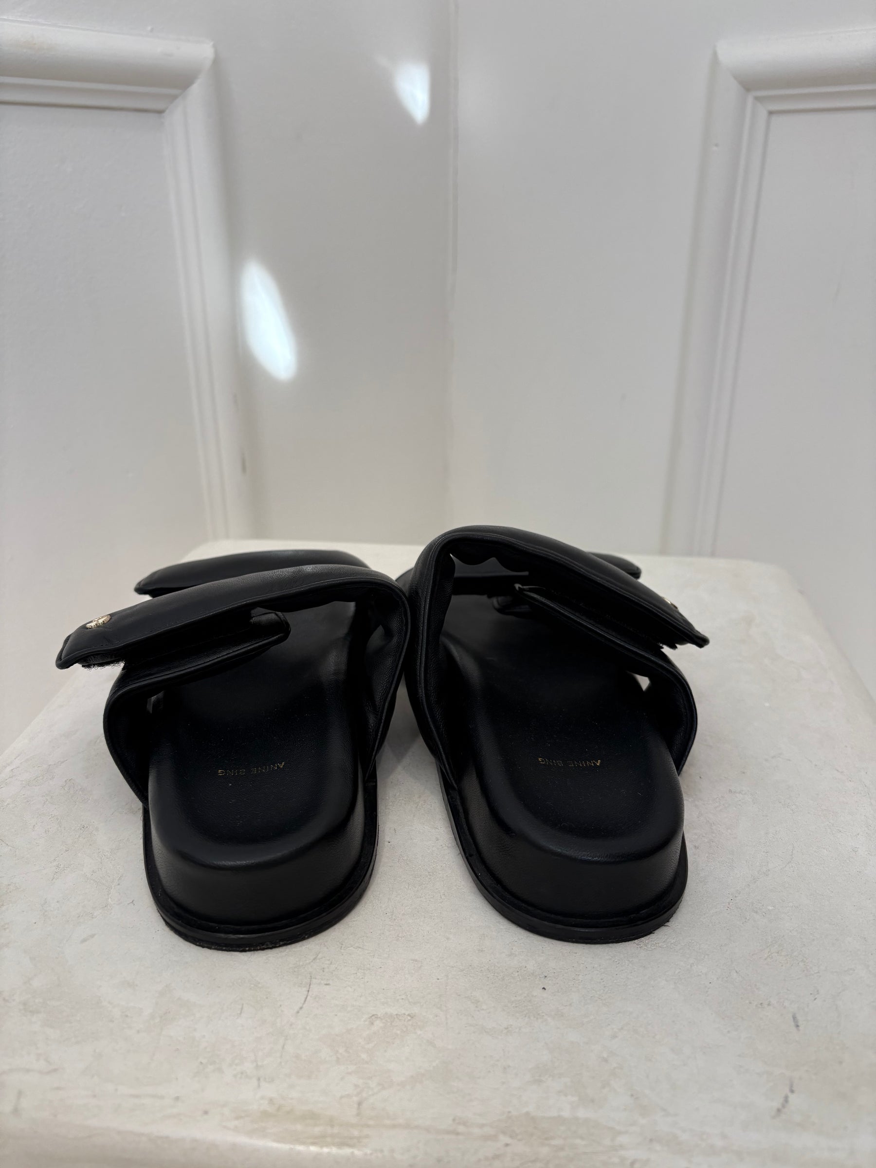 Anine Bing Black Leather Padded Slides, 38
