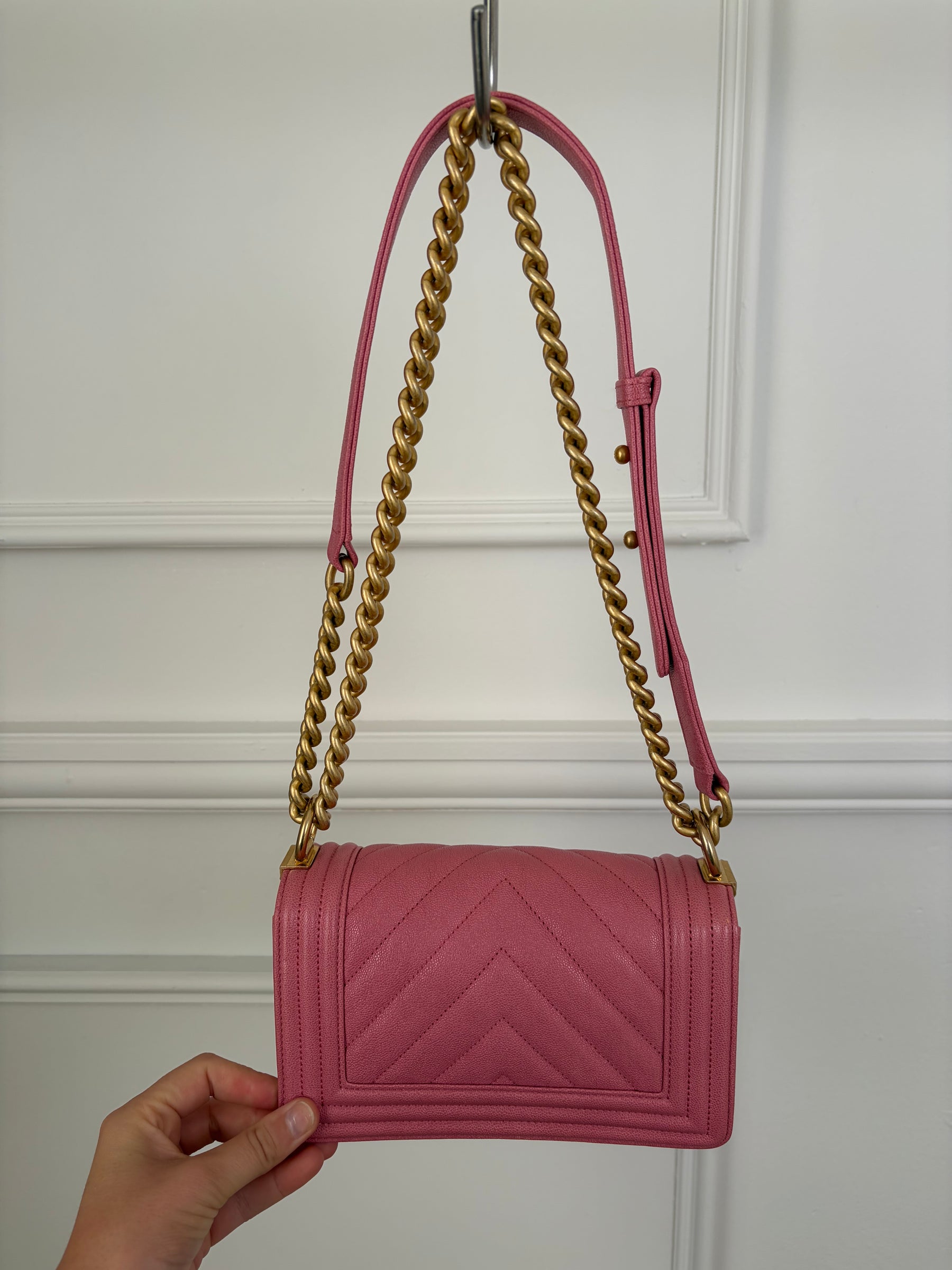 Chanel Pink Chevron Quilted Caviar Leather Small Boy Bag