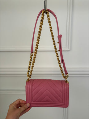 Chanel Pink Chevron Quilted Caviar Leather Small Boy Bag