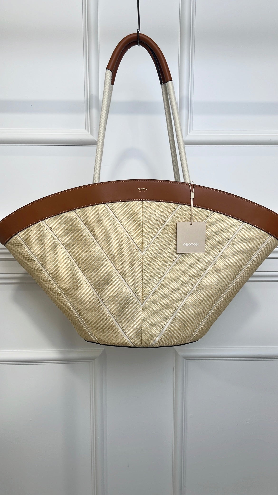 Oroton Straw Chevron Leather Trimmed Tote Bag