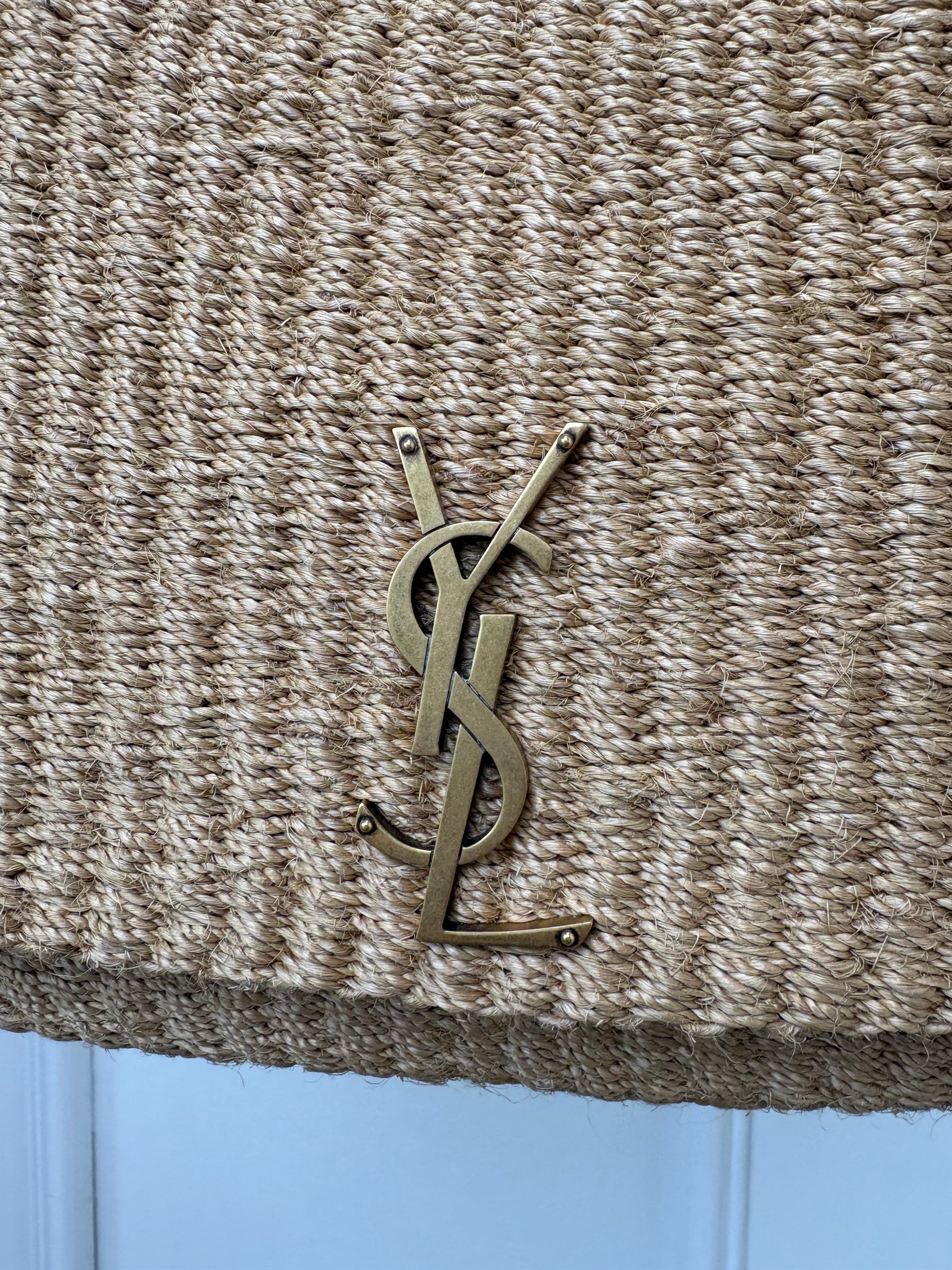 Saint Laurent Raffia Envelope Shoulder Bag Cassandre Logo Chain Strap