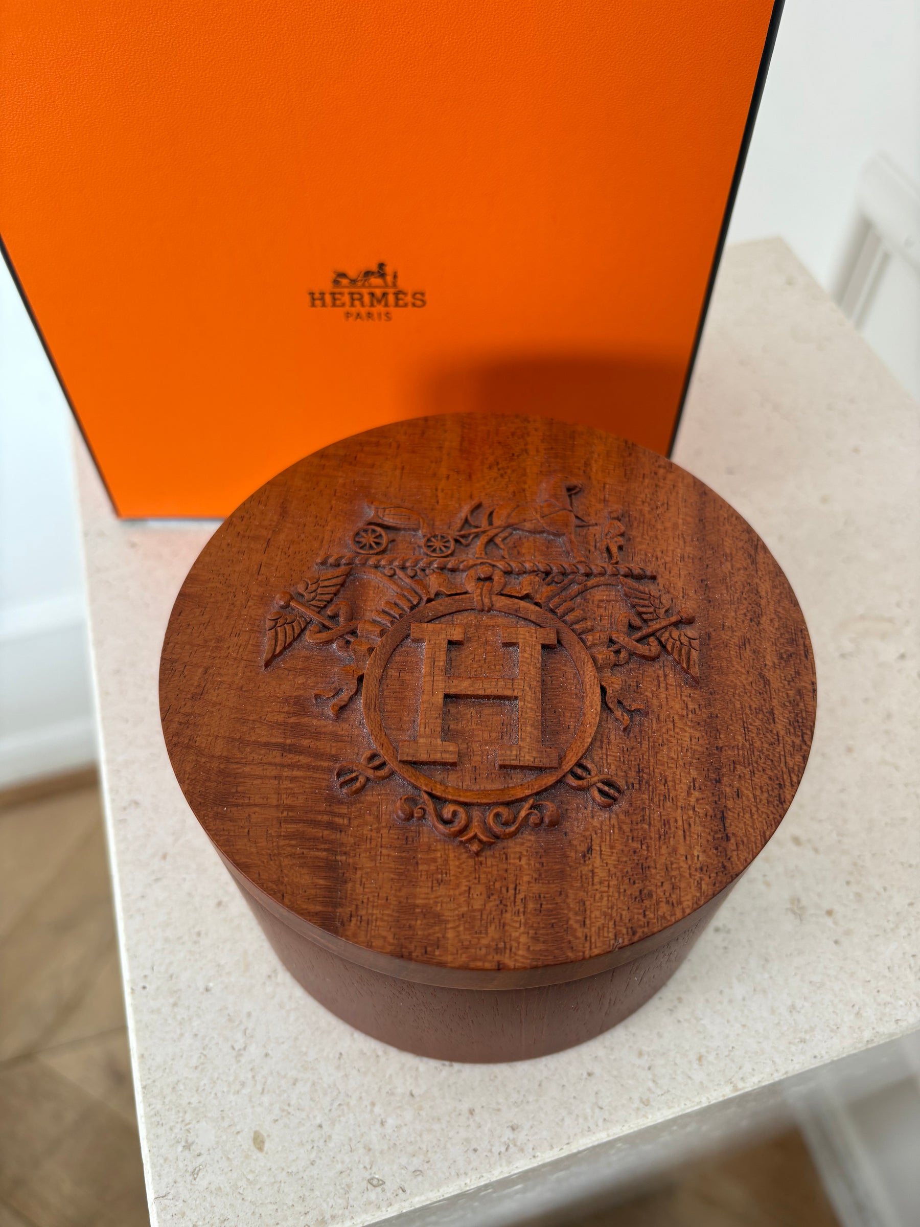 Hermès Ex-Libris Twilly Box Boite Ronde Mahogany Wood