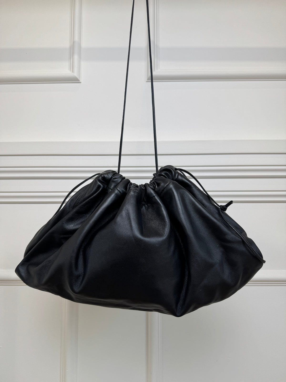 Studio Amelia Black Leather Logo Drawstring Pouch with Strap