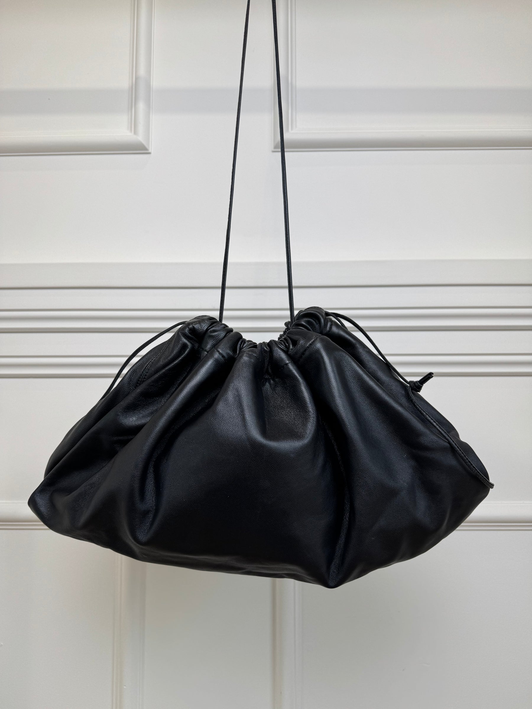 Studio Amelia Black Leather Logo Drawstring Pouch with Strap