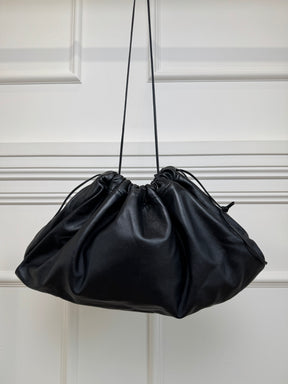 Studio Amelia Black Leather Logo Drawstring Pouch with Strap