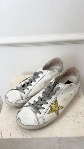 Golden Goose White and Gold and Silver Superstar Sneaker, 41