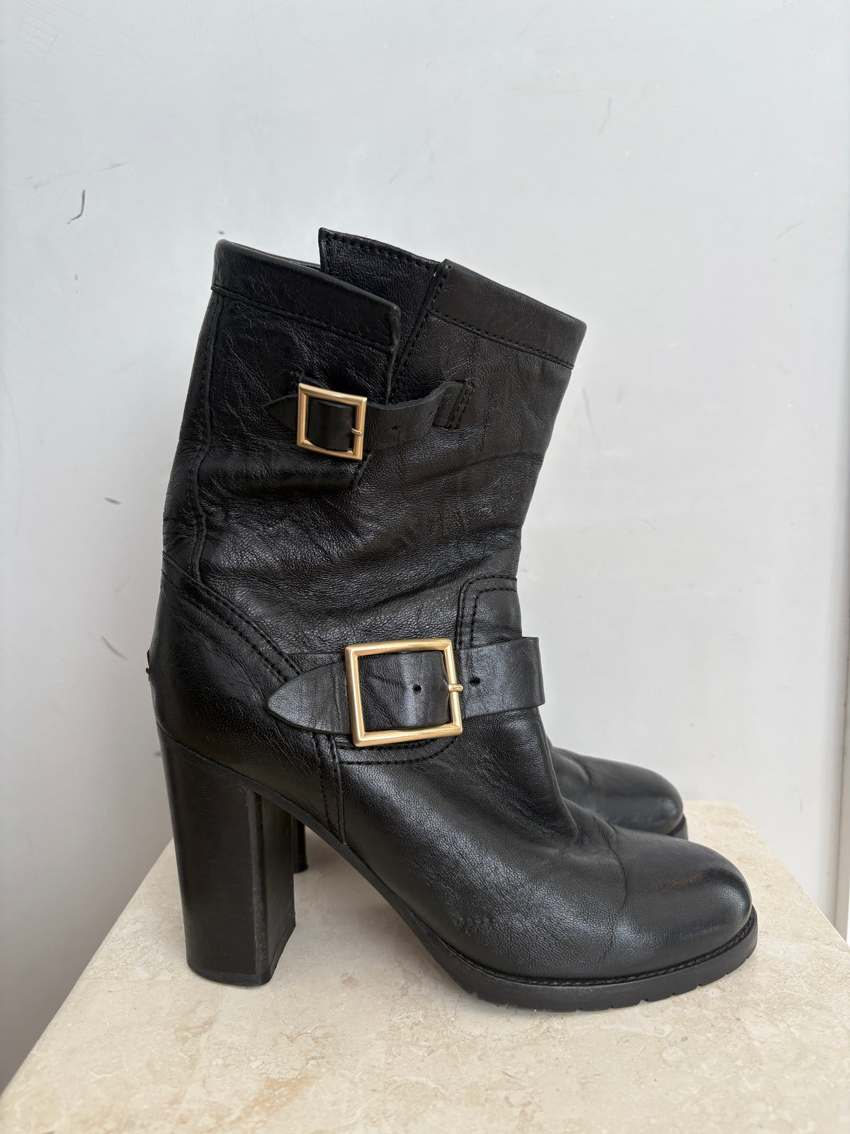 Jimmy Choo Black Leather Heeled Buckle Boots, 38.5