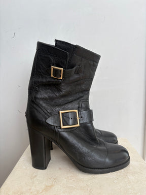 Jimmy Choo Black Leather Heeled Buckle Boots, 38.5